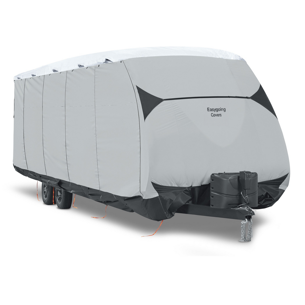 Gray travel trailer cover with a brand logo on a white background