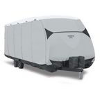 Gray travel trailer cover with a brand logo on a white background