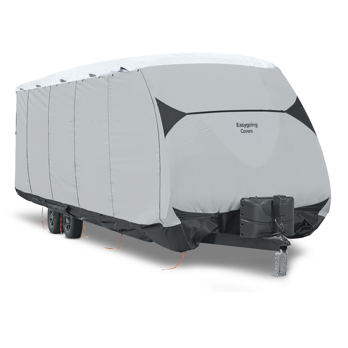 Gray travel trailer cover with a brand logo on a white background
